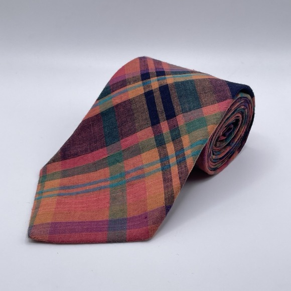 Brooks Brothers Other - Brooks Brothers Tie 100% Cotton USA Pink Green Orange Plaid 3.75"W x 57.5"L